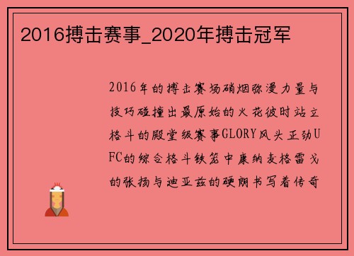 2016搏击赛事_2020年搏击冠军